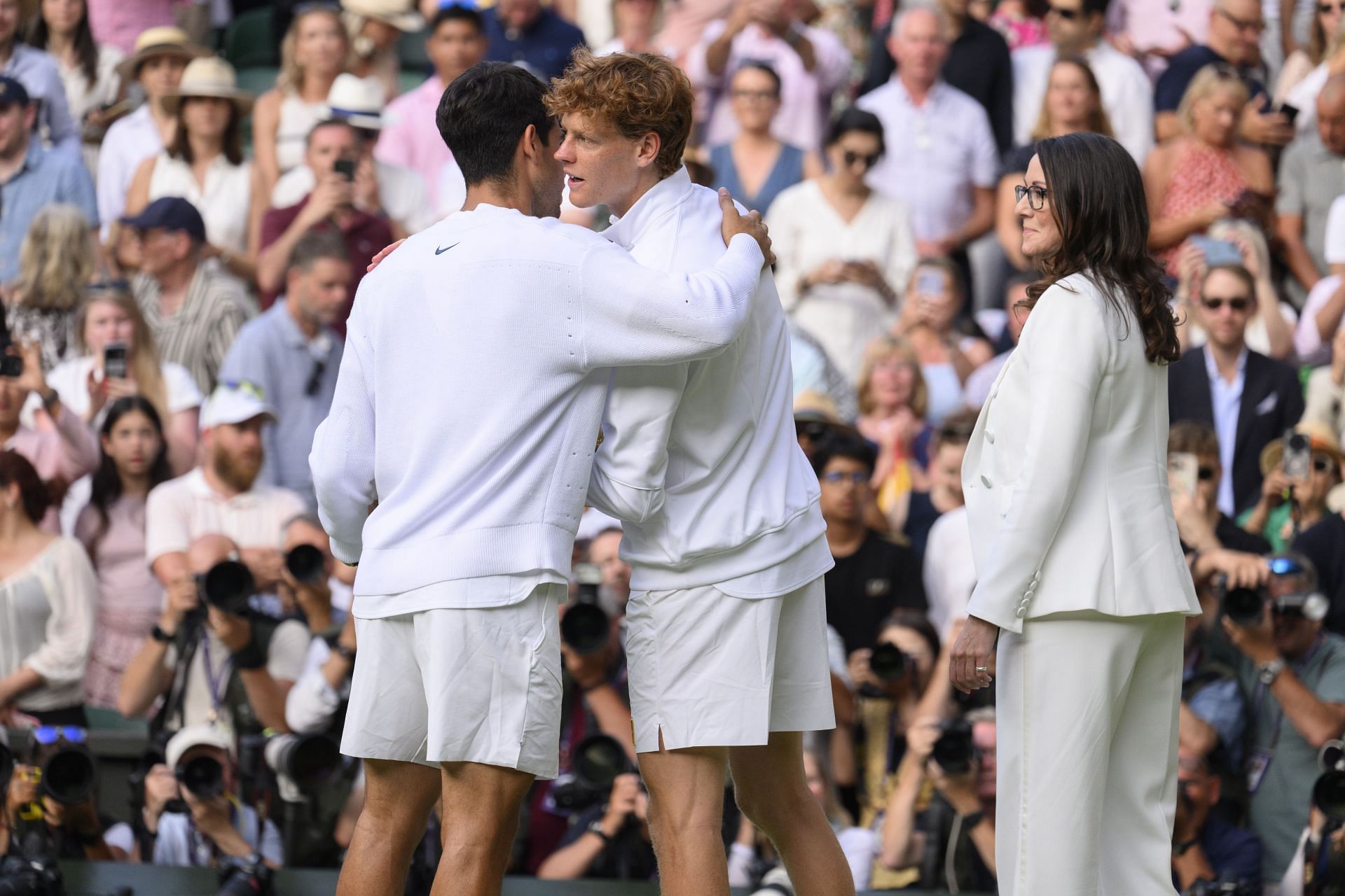 Jannik Sinner hugs Carlos Alcaraz at the 2025 Wimbledon Championships | Image Source: Getty